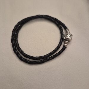 Pandora black braided leather double wrap bracelet S925 ALE